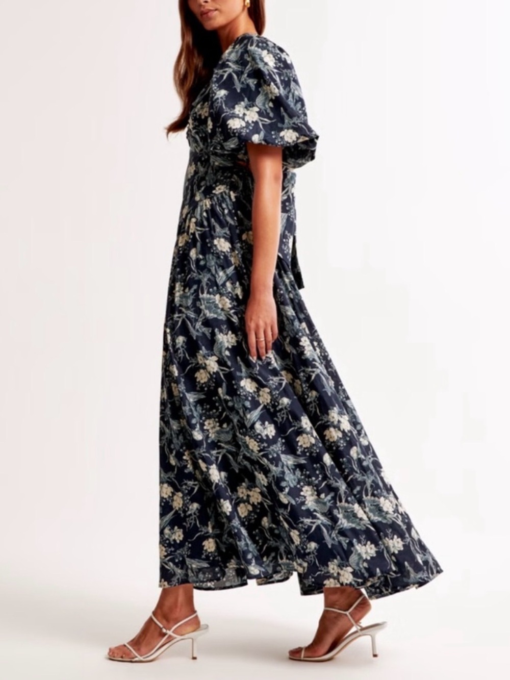 Abercrombie Hardware Drama Puff Sleeve Maxi Dress Navy Floral Dress XS Tall - Picture 4 of 7